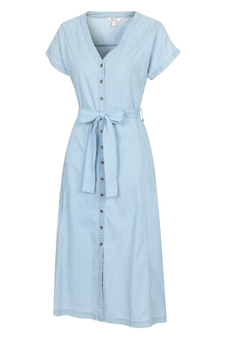 'Tulum' Women's Denim Dress Button Through Cotton Lightweight Midi Dress With Belt Pale Blue - Image 3