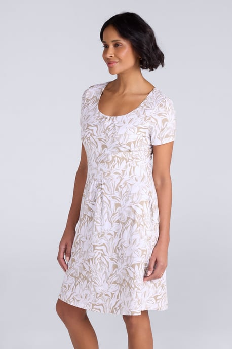 Orchid Patterned Women's UV Summer Dress with Side Pockets Holiday Beach Dress Ecru - Image 2