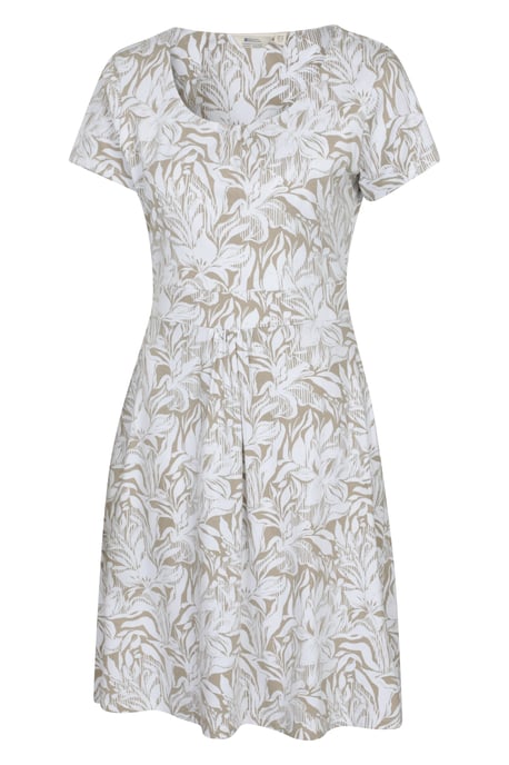 Orchid Patterned Women's UV Summer Dress with Side Pockets Holiday Beach Dress Ecru - Image 6