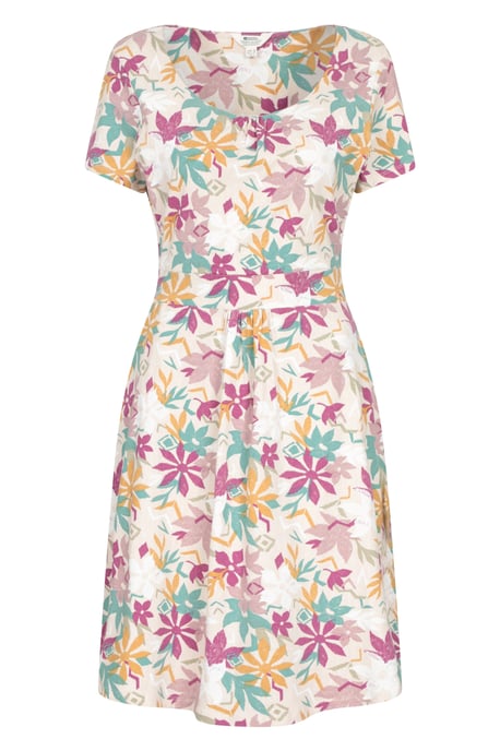 Orchid Patterned Women's UV Summer Dress with Side Pockets Holiday Beach Dress Beige - Image 1