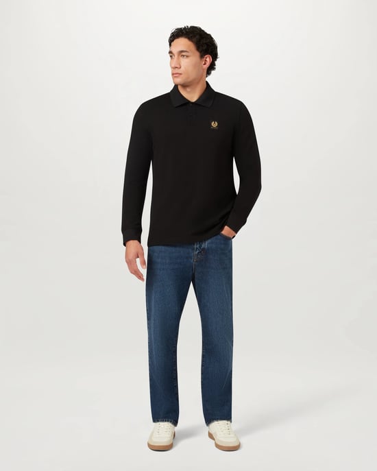 Long Sleeve Logo Detail Polo Shirt in Black - Image 1