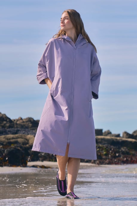 'Coastline' Women's Water Resistant Changing Robe Fleece Lined Hood Surf Poncho Lilac - Image 1
