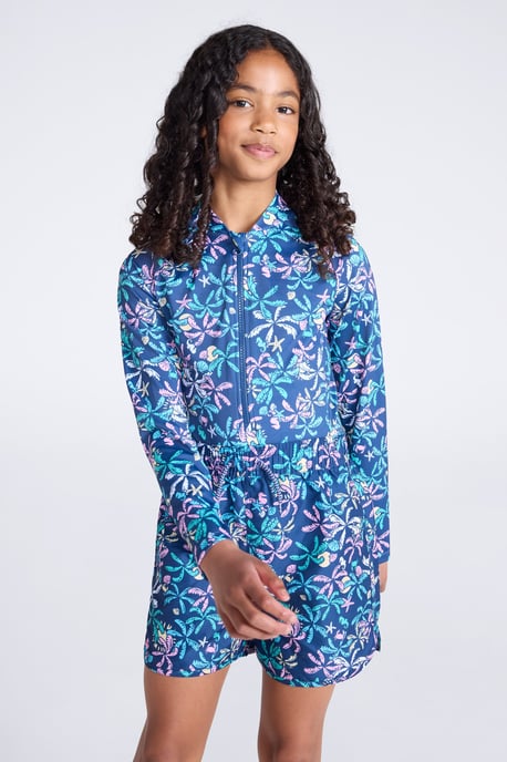 'Mira' Kids Printed Rash Swimsuit Long Sleeve Stretchy Summer Swimwear Teal - Image 2