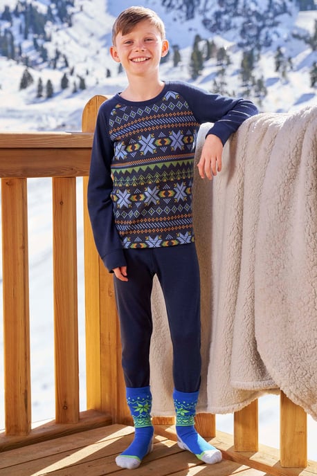 'Jacquard' Kids Unisex Merino Base Layer Set Quick Wicking Hiking Top & Pant Dark Blue - Image 1