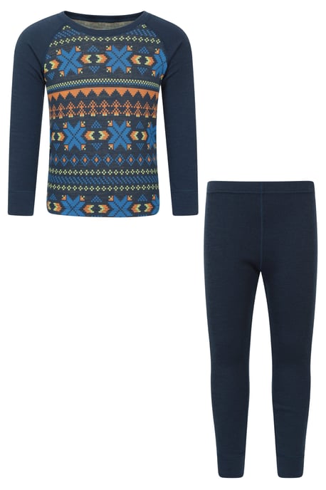 'Jacquard' Kids Unisex Merino Base Layer Set Quick Wicking Hiking Top & Pant Dark Blue - Image 2