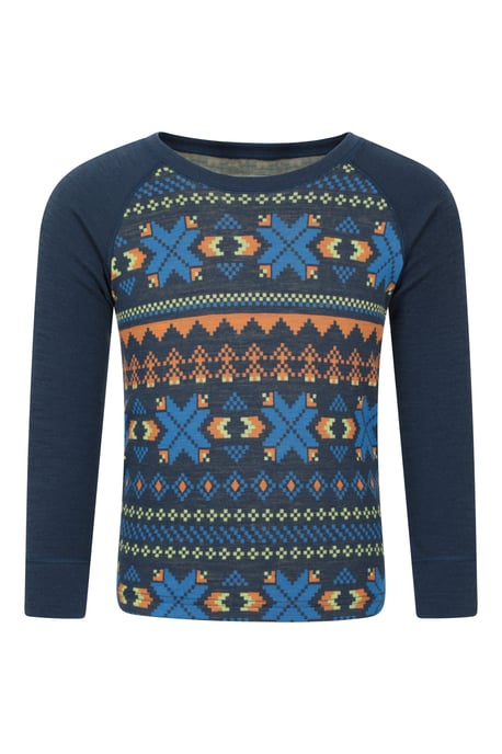 'Jacquard' Kids Unisex Merino Base Layer Set Quick Wicking Hiking Top & Pant Dark Blue - Image 3