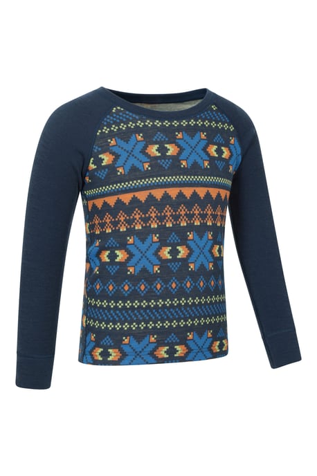 'Jacquard' Kids Unisex Merino Base Layer Set Quick Wicking Hiking Top & Pant Dark Blue - Image 4