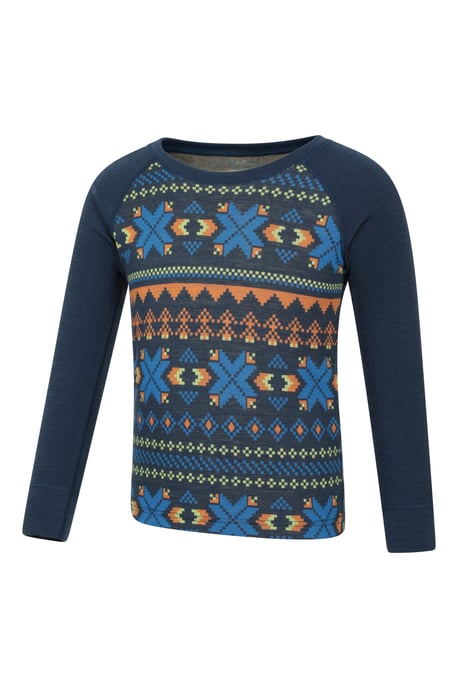 'Jacquard' Kids Unisex Merino Base Layer Set Quick Wicking Hiking Top & Pant Dark Blue - Image 6