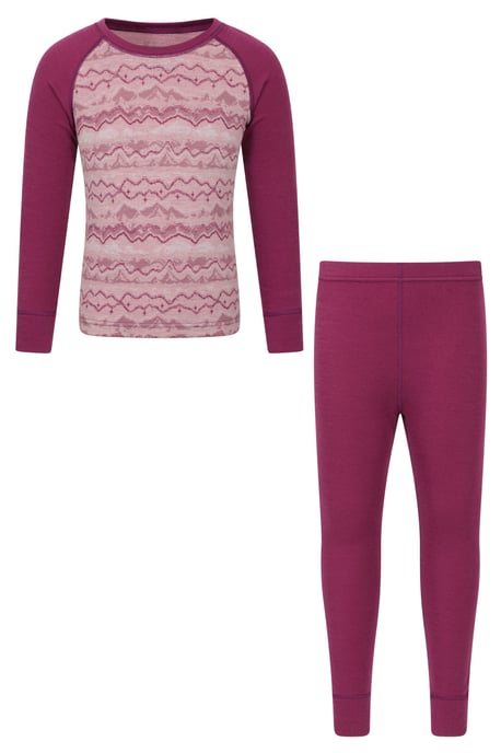 'Jacquard' Kids Unisex Merino Base Layer Set Quick Wicking Hiking Top & Pant Dusty Pink - Image 2