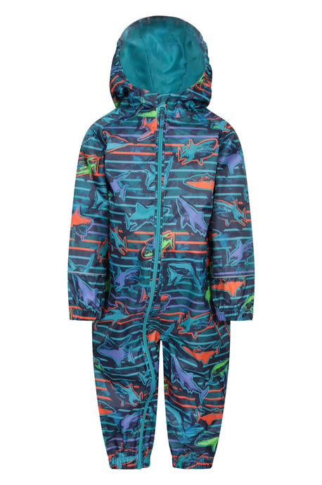 'Puddle' Kids Printed Waterproof Rain Suit Hooded Toddler All in One Coverall Navy - Image 1