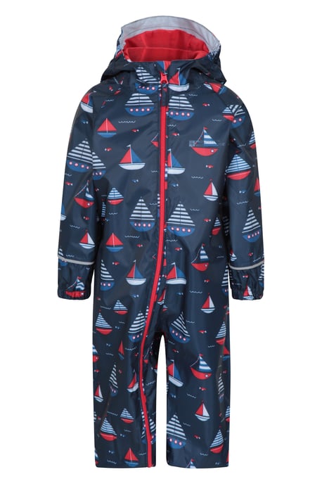 'Puddle' Kids Printed Waterproof Rain Suit Hooded Toddler All in One Coverall Navy - Image 2