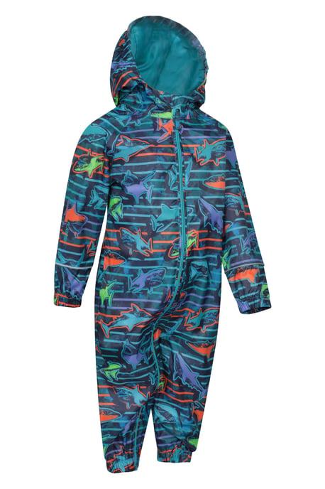 'Puddle' Kids Printed Waterproof Rain Suit Hooded Toddler All in One Coverall Navy - Image 3