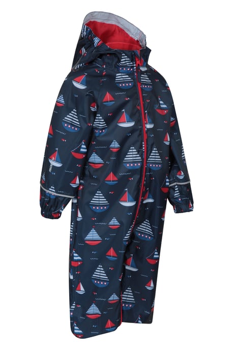 'Puddle' Kids Printed Waterproof Rain Suit Hooded Toddler All in One Coverall Navy - Image 4