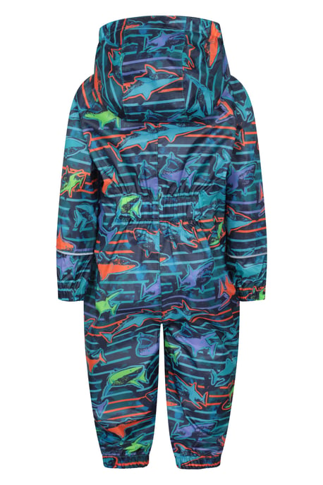 'Puddle' Kids Printed Waterproof Rain Suit Hooded Toddler All in One Coverall Navy - Image 5