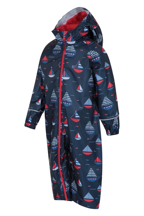 'Puddle' Kids Printed Waterproof Rain Suit Hooded Toddler All in One Coverall Navy - Image 6