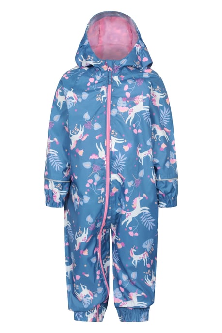 'Puddle' Kids Printed Waterproof Rain Suit Hooded Toddler All in One Coverall Purple - Image 1