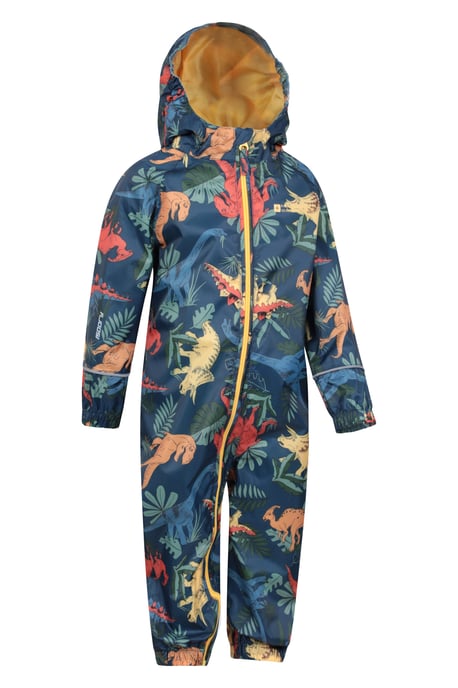 'Puddle' Kids Printed Waterproof Rain Suit Hooded Toddler All in One Coverall Blue - Image 3