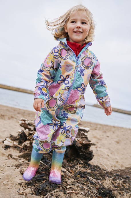 'Puddle' Kids Printed Waterproof Rain Suit Hooded Toddler All in One Coverall Pale Green - Image 1