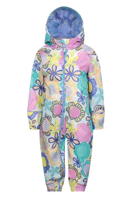'Puddle' Kids Printed Waterproof Rain Suit Hooded Toddler All in One Coverall Pale Green - Image 3