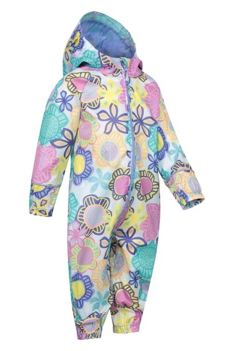 'Puddle' Kids Printed Waterproof Rain Suit Hooded Toddler All in One Coverall Pale Green - Image 4