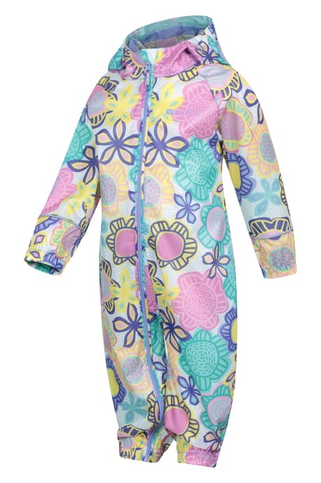 'Puddle' Kids Printed Waterproof Rain Suit Hooded Toddler All in One Coverall Pale Green - Image 6
