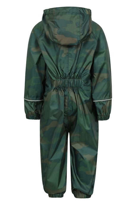 'Puddle' Kids Printed Waterproof Rain Suit Hooded Toddler All in One Coverall Khaki - Image 1