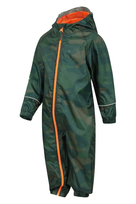 'Puddle' Kids Printed Waterproof Rain Suit Hooded Toddler All in One Coverall Khaki - Image 2
