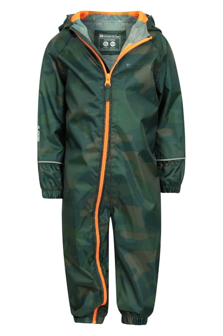 'Puddle' Kids Printed Waterproof Rain Suit Hooded Toddler All in One Coverall Khaki - Image 3