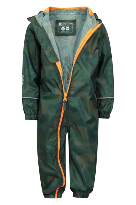 'Puddle' Kids Printed Waterproof Rain Suit Hooded Toddler All in One Coverall Khaki - Image 4