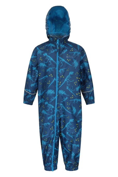 'Puddle' Kids Printed Waterproof Rain Suit Hooded Toddler All in One Coverall Blue - Image 1