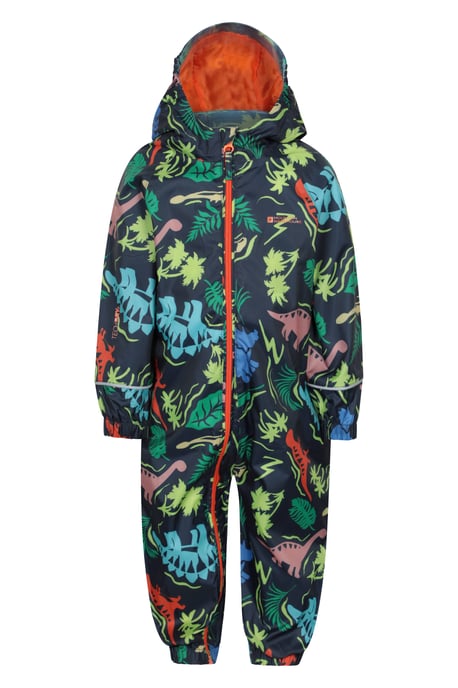 'Puddle' Kids Printed Waterproof Rain Suit Hooded Toddler All in One Coverall Blue - Image 2