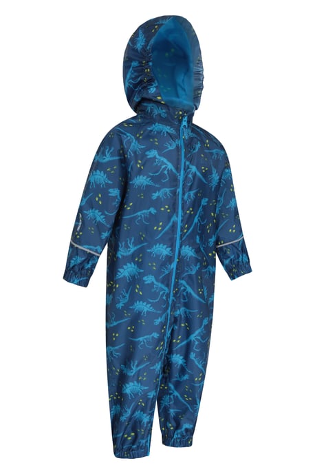 'Puddle' Kids Printed Waterproof Rain Suit Hooded Toddler All in One Coverall Blue - Image 3