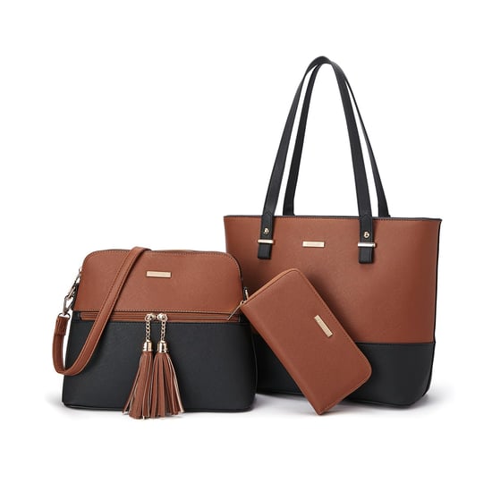 Women’s 3 Piece Handbag Set, Tote Crossbody Bag Purse in Black Brown - Image 1
