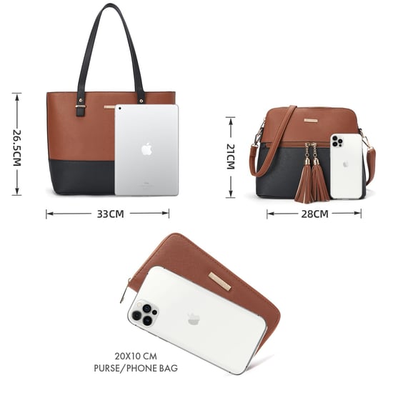 Women’s 3 Piece Handbag Set, Tote Crossbody Bag Purse in Black Brown - Image 2