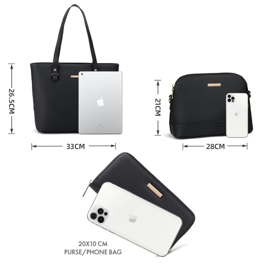 Women’s 3 Piece Handbag Set, Tote Crossbody Bag Purse in Black - Image 3