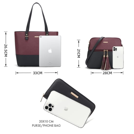 Women’s 3 Piece Handbag Set, Tote Crossbody Bag Purse in Burgundy Black - Image 2