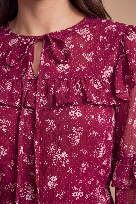 Petite Berry Ditsy Patchwork Frill Yoke Printed Chiffon Mini Dress - Image 3