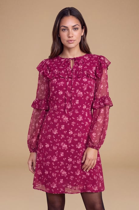 Petite Berry Ditsy Patchwork Frill Yoke Printed Chiffon Mini Dress - Image 4