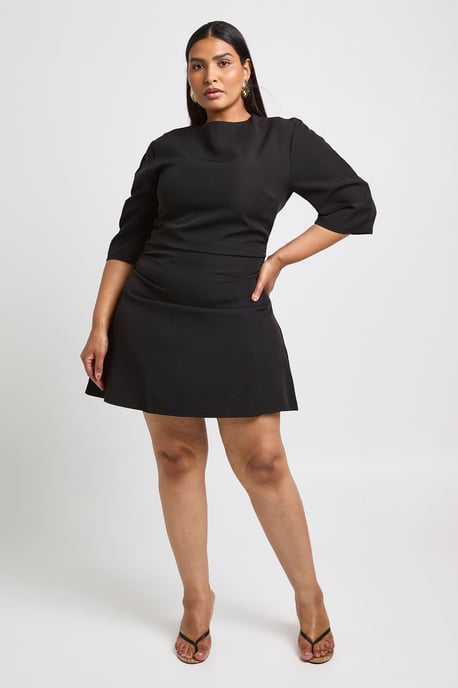 Plus 3/4 Balloon Sleeve Cinch Waist Mini Dress - Image 1