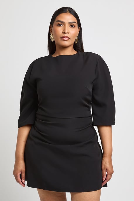 Plus 3/4 Balloon Sleeve Cinch Waist Mini Dress - Image 3