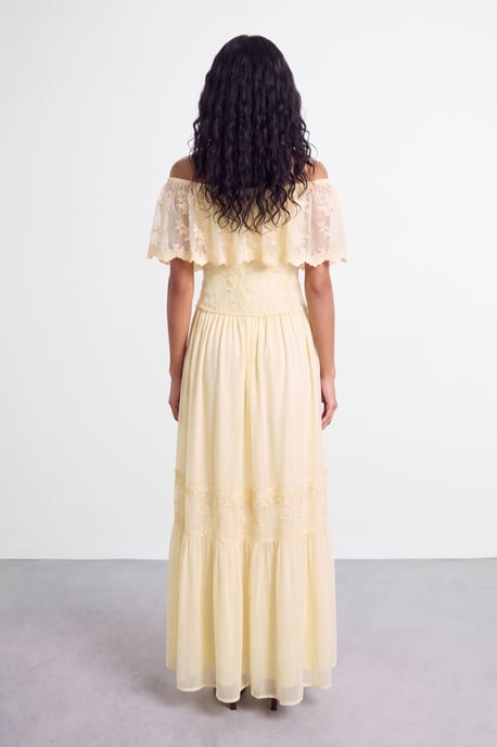 V Neck Ruffle Tulle Embroidered Maxi Dress - Image 3
