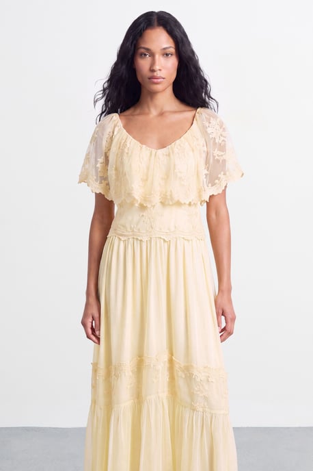 V Neck Ruffle Tulle Embroidered Maxi Dress - Image 4