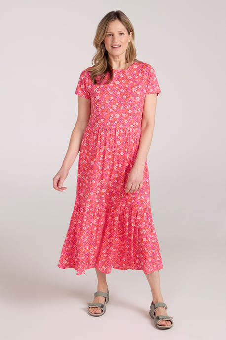 'Sardinia' Women's Tiered Dress Casual Lightweight Short Sleeve Ladies Outfit Pink - Image 6
