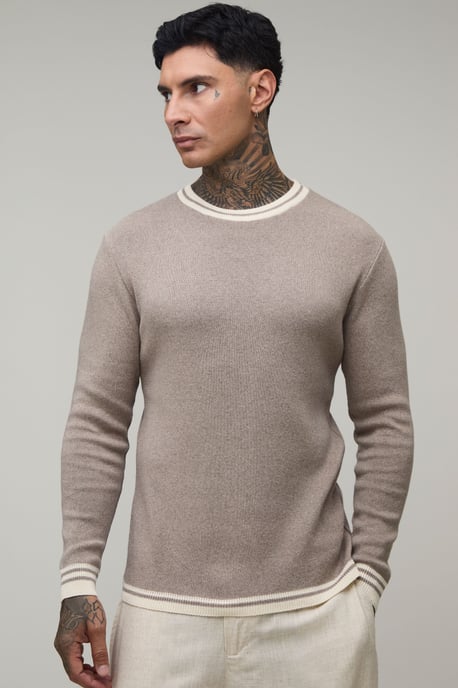 Tall Muscle Fit Cotton Blend Tipped Knitted T-Shirt - Image 1