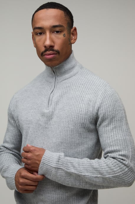 Regular Fit 1/4 Zip Ribbed Knitted Jumper - Image 3