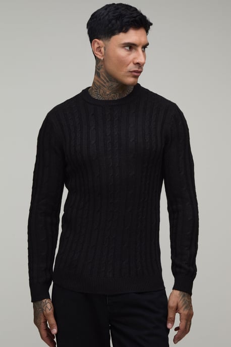 Tall Muscle Fit Cable Knitted Jumper - Image 1
