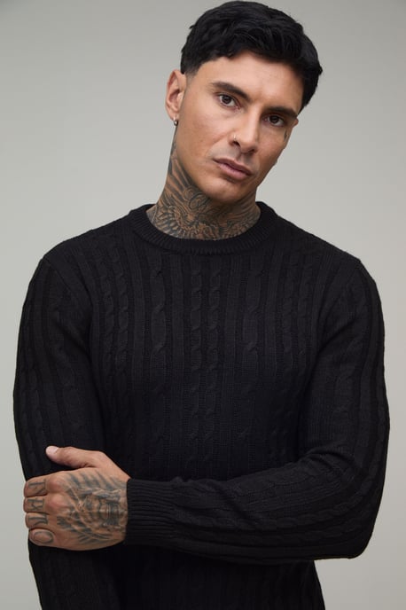 Tall Muscle Fit Cable Knitted Jumper - Image 3