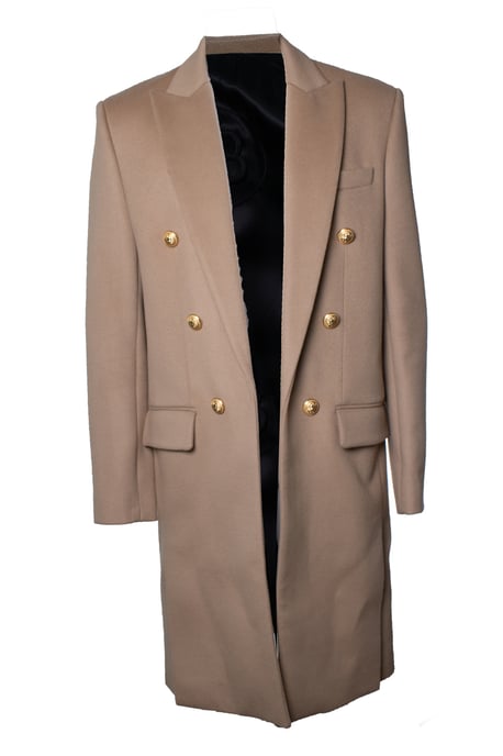 Balmain, beige wool overcoat with gold buttons - Image 1