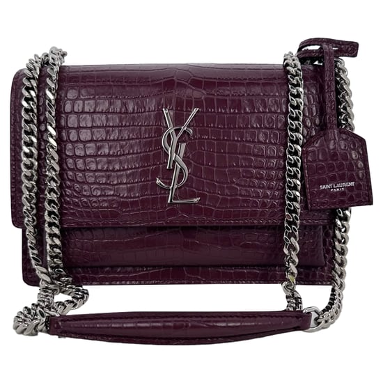 Saint Laurent Medium Sunset Croc-Embossed Shoulder Bag in Burgundy Leather - Image 1