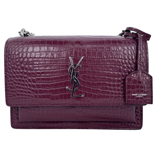 Saint Laurent Medium Sunset Croc-Embossed Shoulder Bag in Burgundy Leather - Image 2